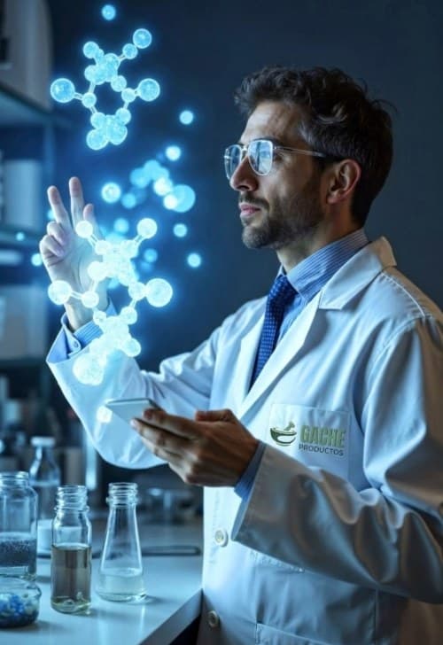 Farmacéutico de Gache Productos analizando una molécula
